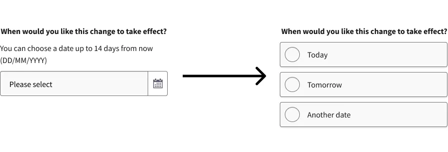 A radio-select date shortcut letting most customers pick a common date without opening a full date picker
