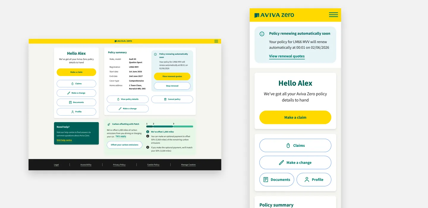 The Aviva Zero self-serve account homepage on desktop and mobile, showing the policy summary, quick actions like 'Make a claim' and 'Make a change', and a carbon offsetting panel.
