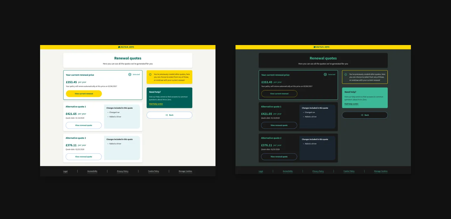 The renewal quotes screen shown in both light and dark mode side by side, on a black background.