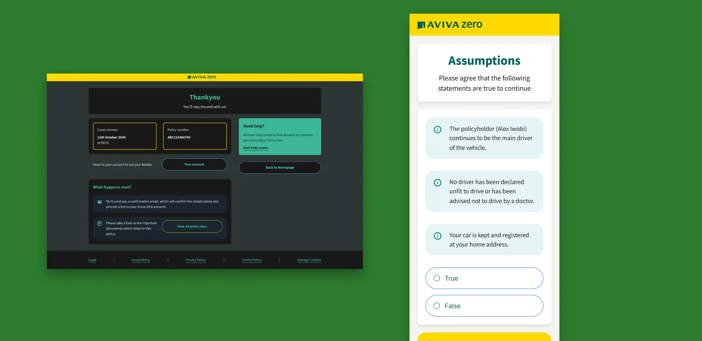 The "Thank you" confirmation screen in dark mode alongside the mobile "Assumptions" screen in light mode, on a dark green background.