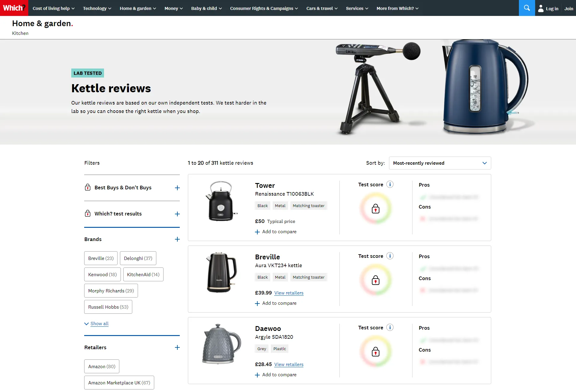 Product listings page showing kettles reviewed by Which?