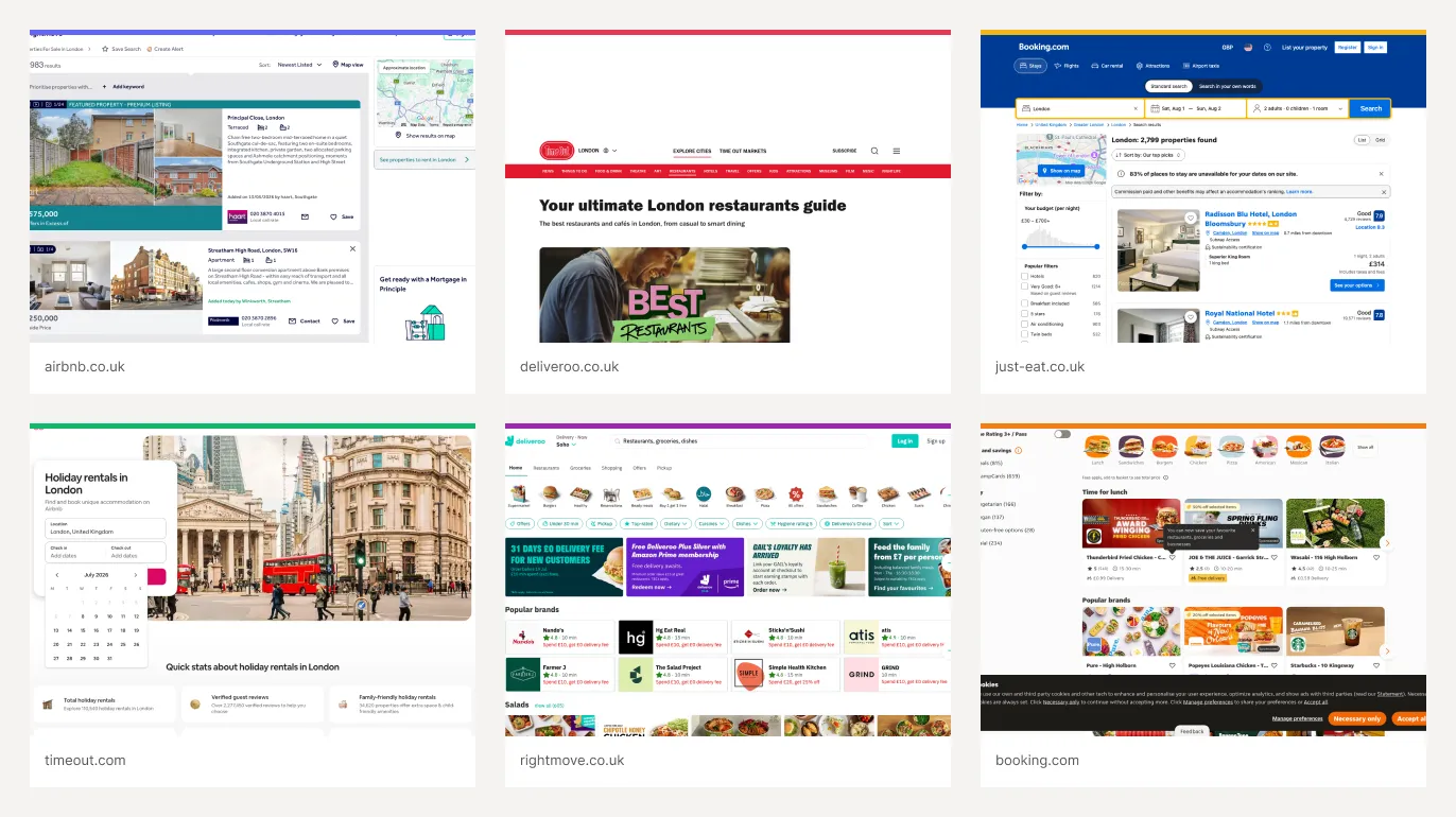 A Figma moodboard of screenshots from Airbnb, Deliveroo, Just Eat, Timeout, Rightmove, and Booking.com, gathered for filter and card pattern research